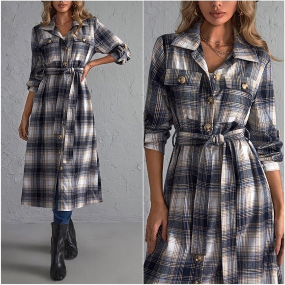 Tartan Plaid Button up Long Jacket Shacket Loose Fit - Picture 3 of 4